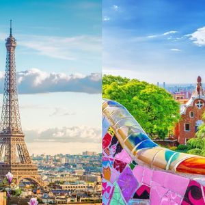 A split image with the Eiffel Tower in Paris on one side and a view of Park Güell in Barcelona on the other.