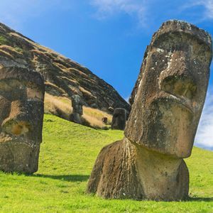 Diverse grandi statue Moai in pietra sono situate su un pendio erboso sotto un cielo azzurro brillante.
