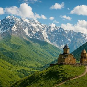 Une église en pierre et un clocher se dressent sur une colline verdoyante, dominant une vallée avec des montagnes enneigées en arrière-plan.