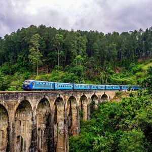 A long blue train travels across a stone arched bridge surrounded by a dense green forest under a cloudy sky.