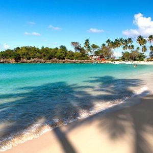 Ombre di palme cadono su una spiaggia di sabbia bianca accanto ad acqua turchese, con una lussureggiante penisola verde sullo sfondo sotto un cielo blu.