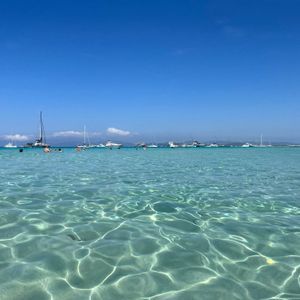 Gente nadando en agua clara y turquesa con numerosos veleros y yates anclados a la distancia bajo un cielo azul brillante.