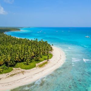 Una veduta aerea di una sinuosa spiaggia di sabbia bianca, orlata di palme, che si estende verso acque limpide e turchesi, con barche sparse al largo.