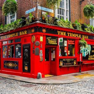 La facciata rosso vivo del pub The Temple Bar si erge su un angolo di strada acciottolata, decorata con piante verdi pendenti.
