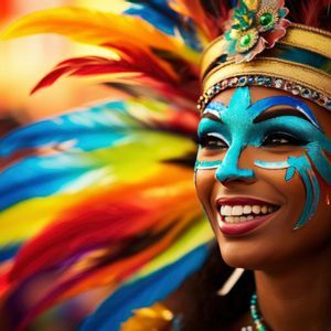 Un primo piano di una donna sorridente con un copricapo di piume colorate e vivace pittura blu sul viso.