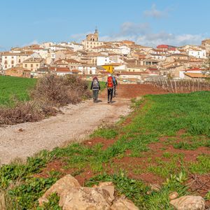 Due persone con zaini da trekking percorrono un sentiero di ghiaia attraverso campi verdi verso un borgo in collina.