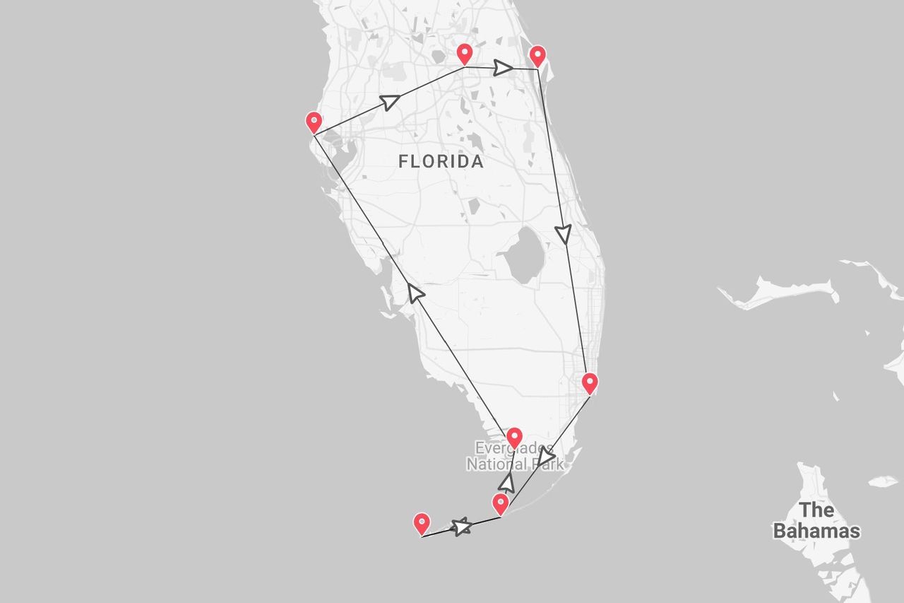 A map of Florida showing a travel itinerary with multiple stops, including the Everglades National Park.