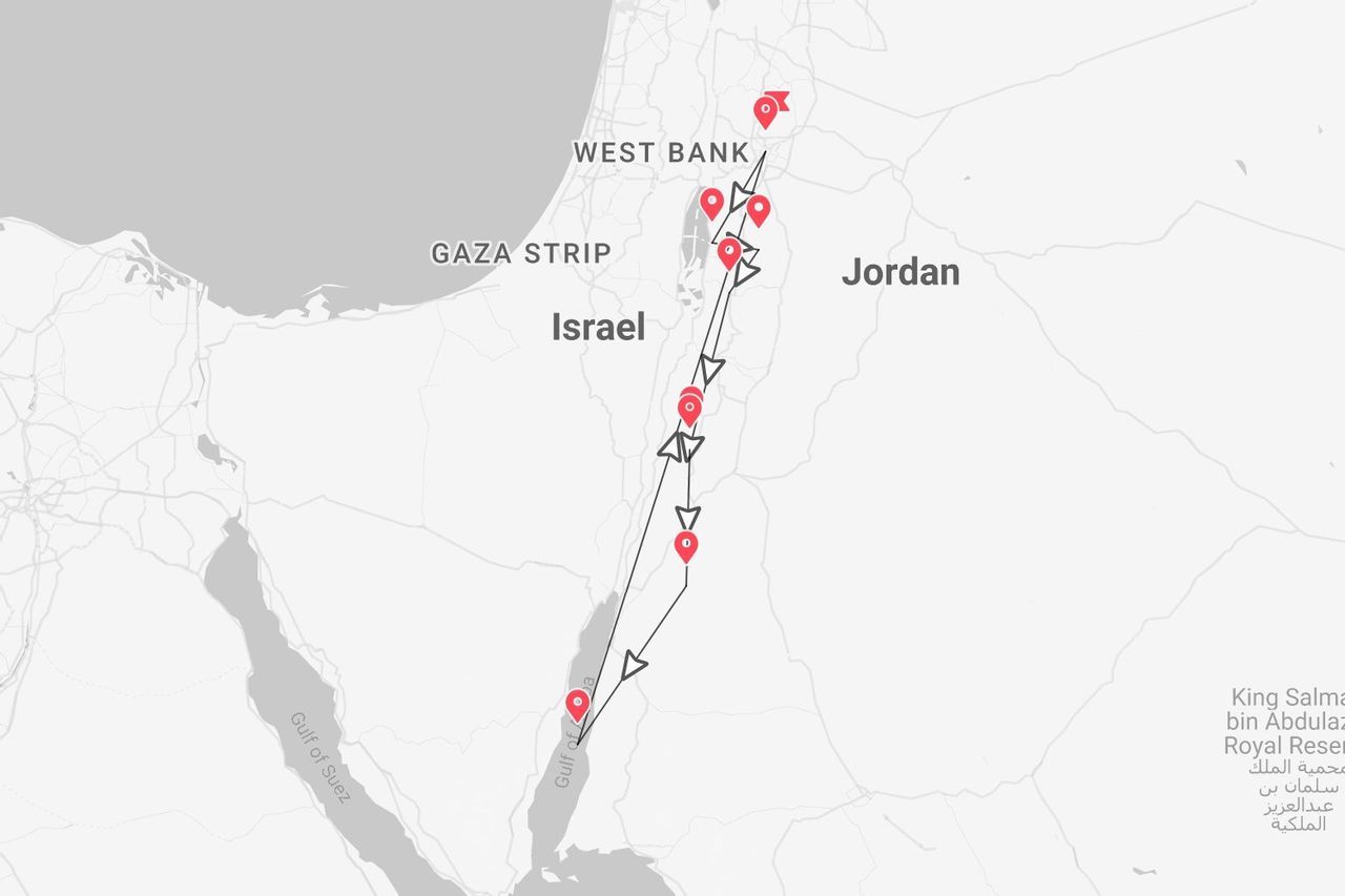Eine Karte mit einer Reiseroute durch Israel und Jordanien, inklusive markierter Stopps.