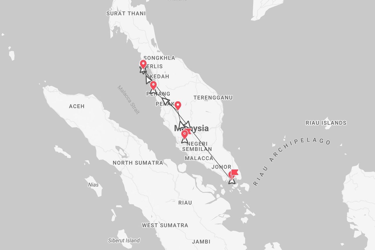 Eine Karte mit einer Reiseroute durch Malaysia, mit roten Markierungen von Songkhla im Norden bis zur Südspitze der Halbinsel.
