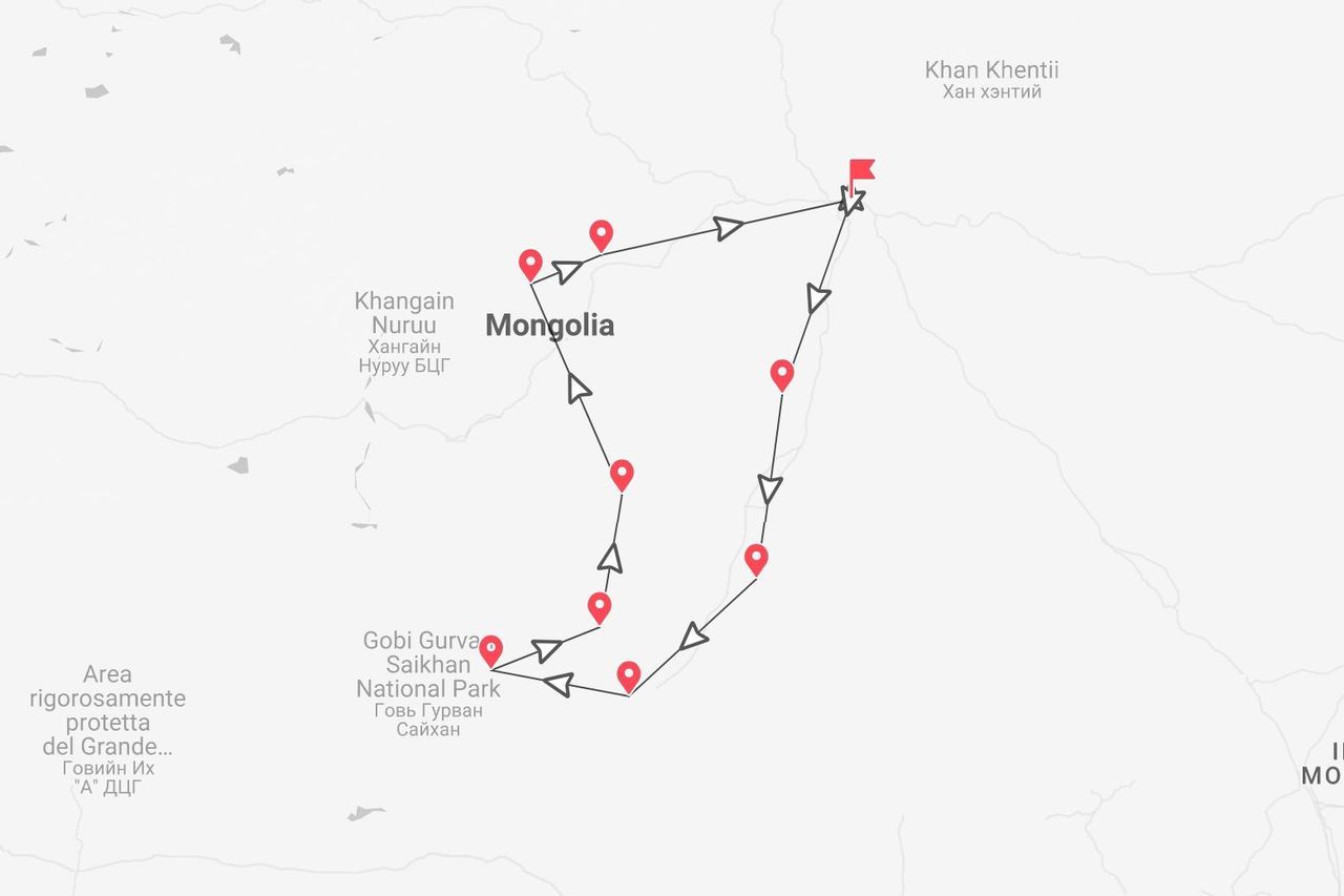 Carte d'un itinéraire de voyage en Mongolie, présentant un parcours avec diverses étapes, dont le Parc national de Gobi Gurvan Saikhan.