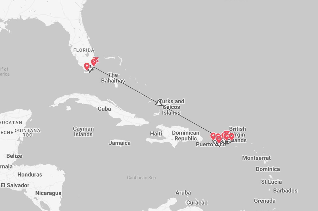 Una mappa dei Caraibi che mostra un itinerario di viaggio dalla Florida alle Isole Vergini Britanniche, contrassegnata con diversi segnaposto.