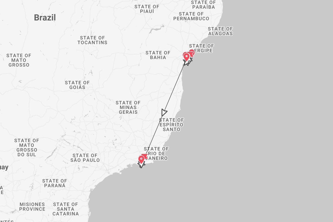 Une carte de la côte brésilienne montrant un itinéraire de voyage depuis l'État de Rio de Janeiro vers les États de Sergipe et Alagoas.