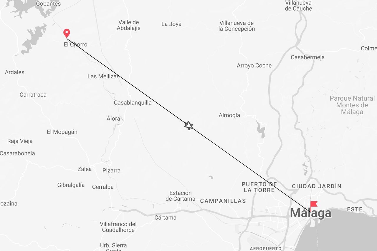 Una mappa in scala di grigi che mostra un percorso di viaggio diretto tra le località di El Chorro e Málaga in Spagna.