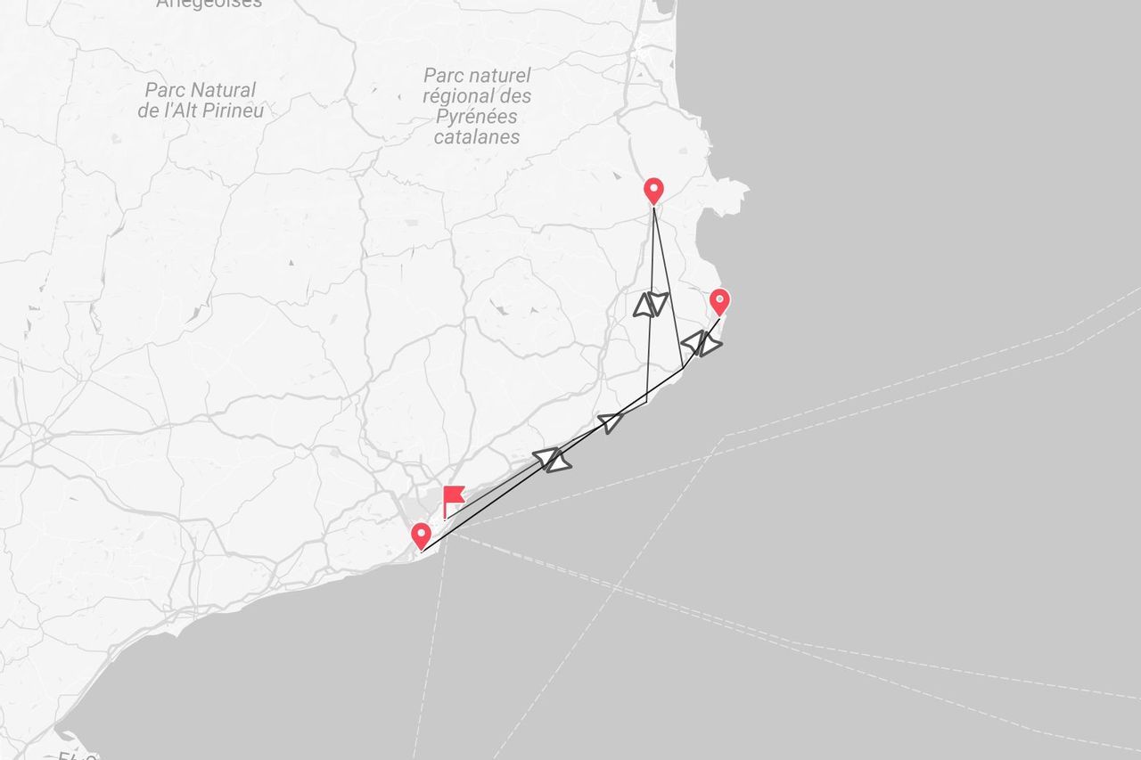 A map showing a travel itinerary route through the Parc naturel régional des Pyrénées catalanes, marked with location pins.