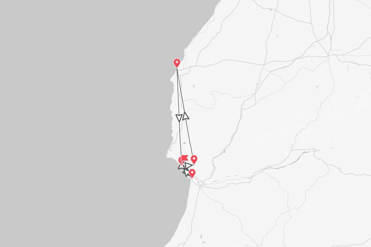 A stylized map showing a travel itinerary along a coastline, marked with red pins and flags indicating stops.