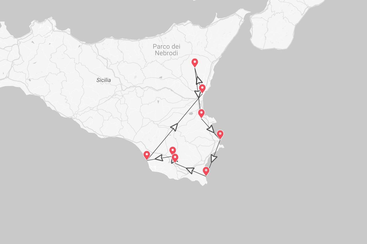 A digital map of Sicily (Sicilia) with a travel itinerary tracing a route with red pins along the eastern coast.