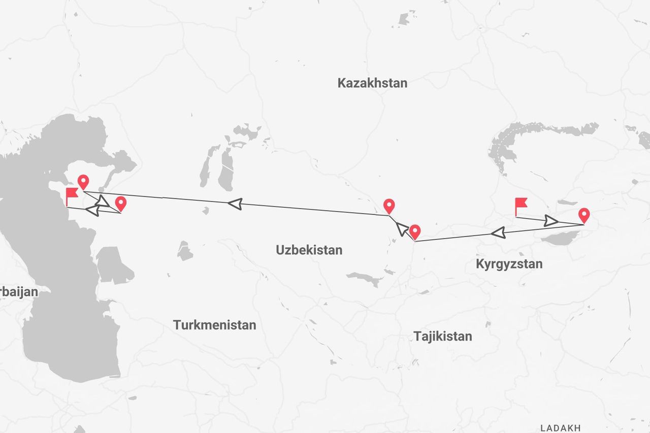 A map showing a travel itinerary across Central Asia, including Azerbaijan, Uzbekistan, and Kyrgyzstan.