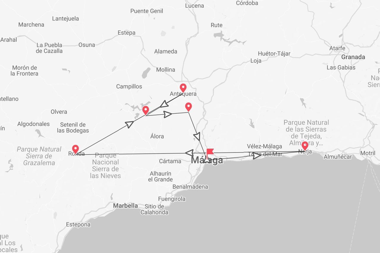 A map of Andalusia, Spain, showing a travel route connecting Málaga, Antequera, Ronda, and Nerja.