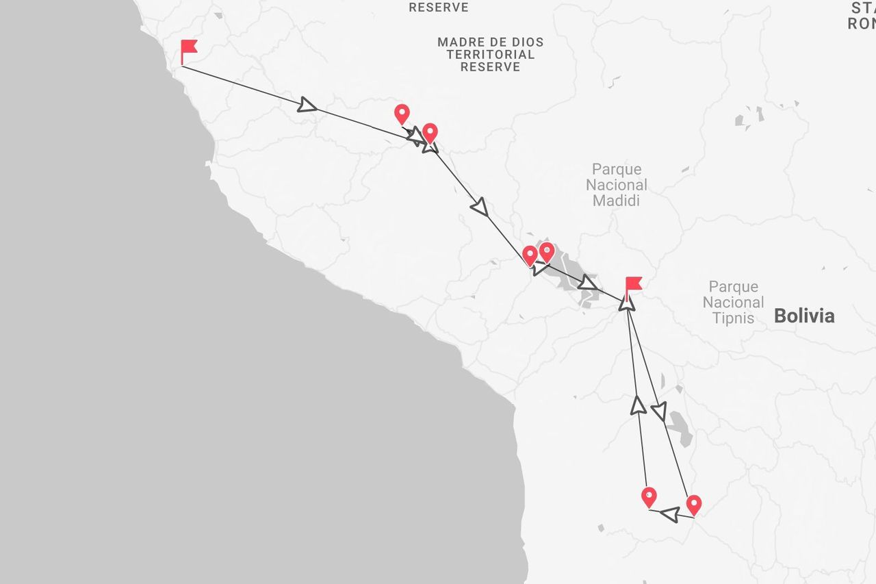 A map showing a travel itinerary route through Bolivia, passing near the Madre de Dios Territorial Reserve and Parque Nacional Madidi.