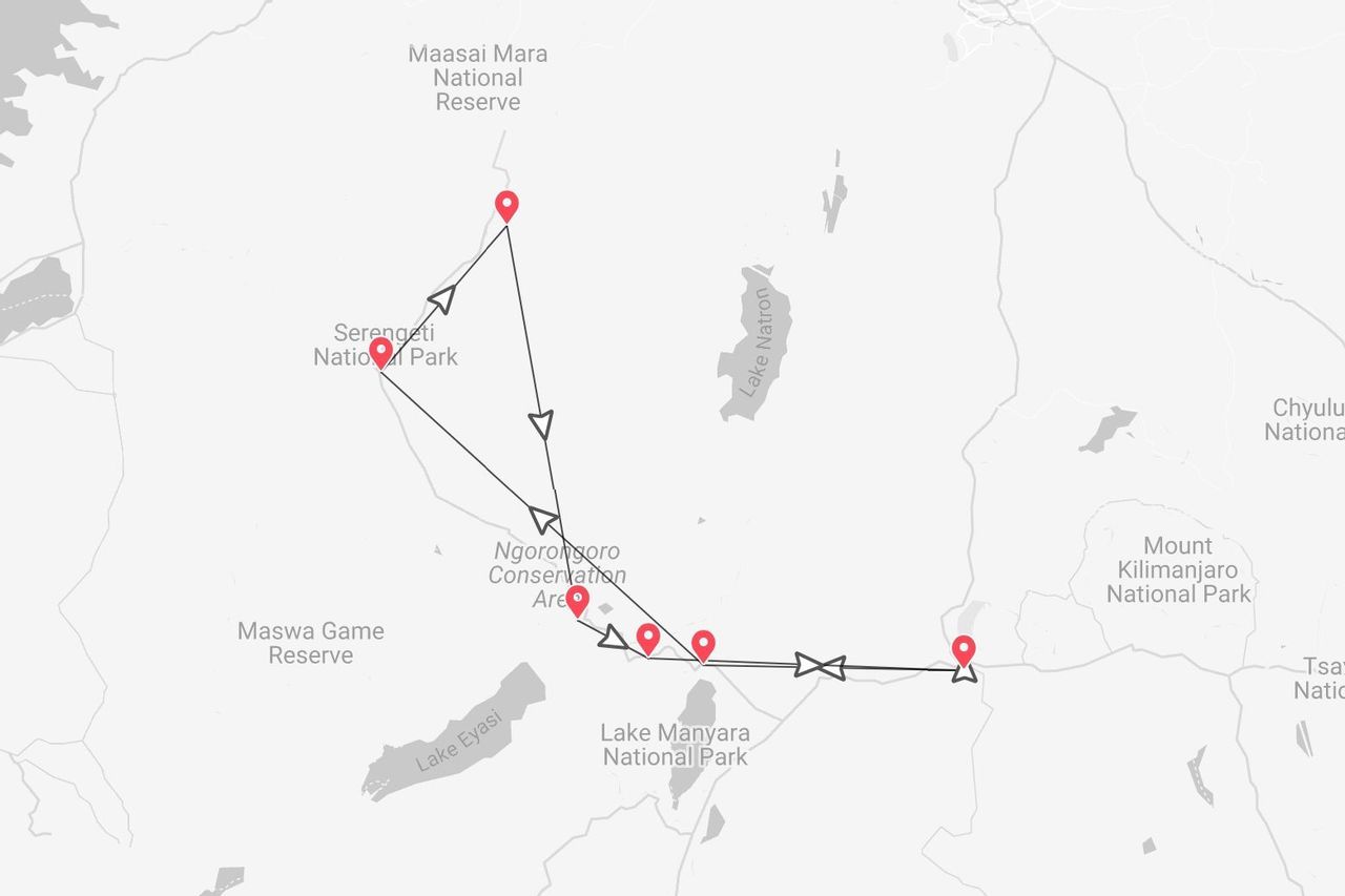 A map of Tanzania showing a travel itinerary through Serengeti National Park, Ngorongoro Conservation Area, and Lake Manyara National Park.