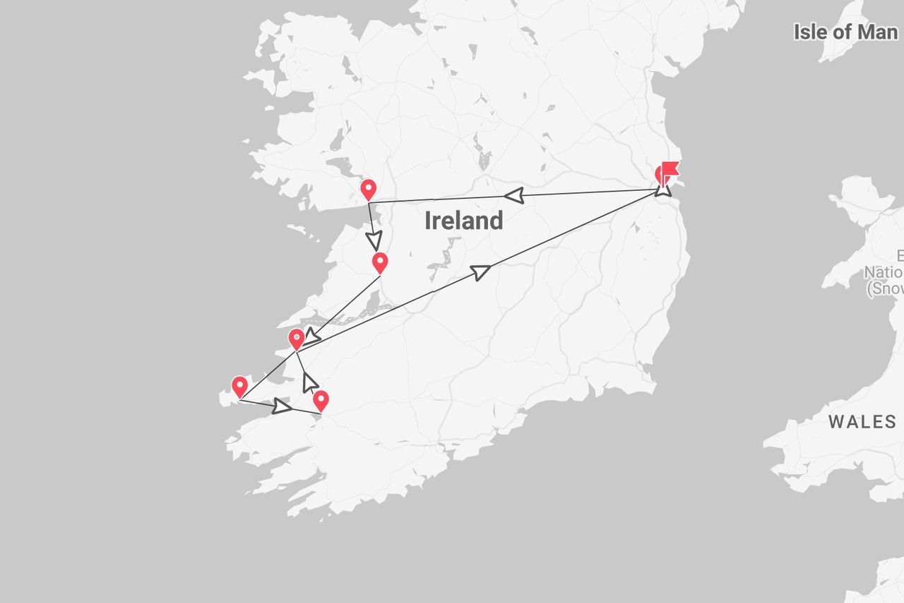 A map of Ireland showing a travel itinerary with red pins marking stops across the country, starting and ending on the east coast.