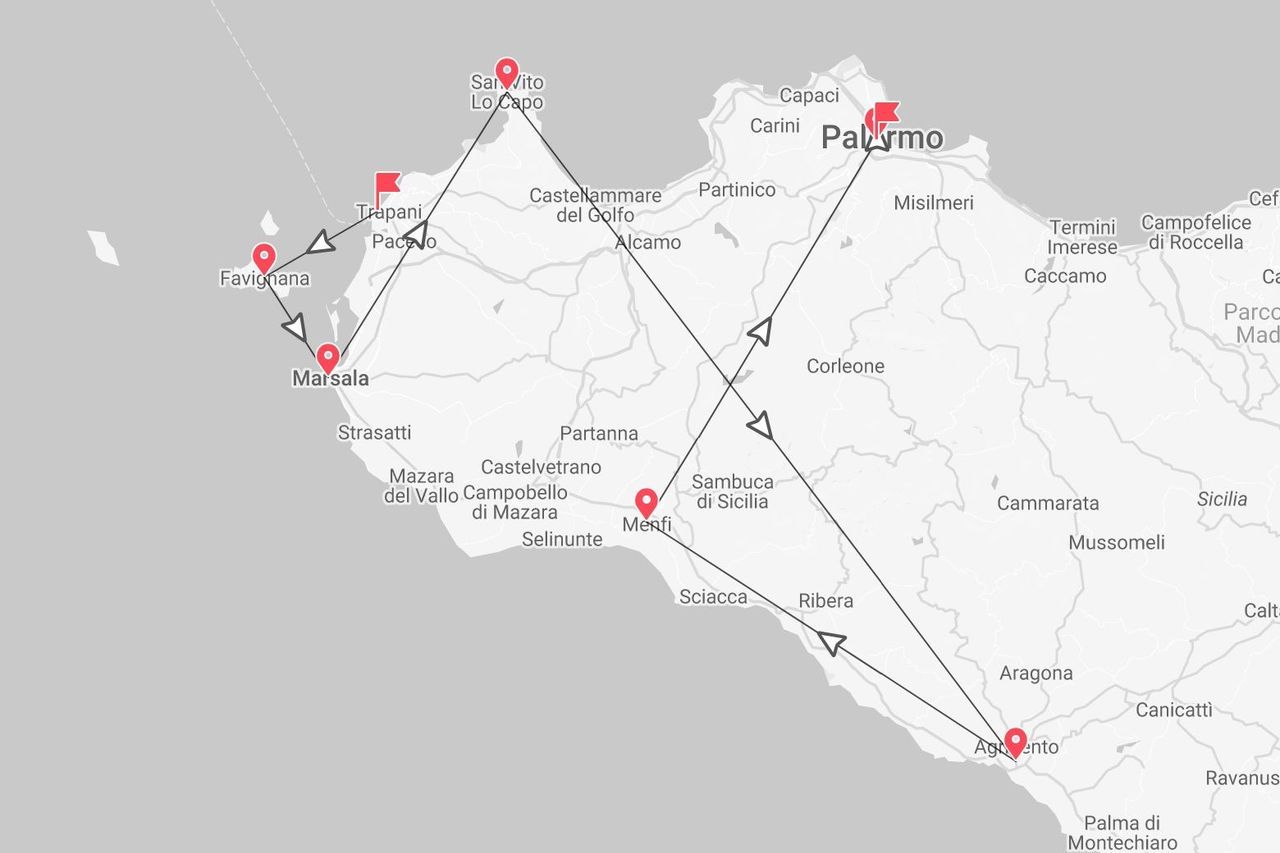A map of western Sicily showing a travel itinerary connecting Palermo, San Vito Lo Capo, Trapani, Favignana, Marsala, Menfi, and Agrigento.