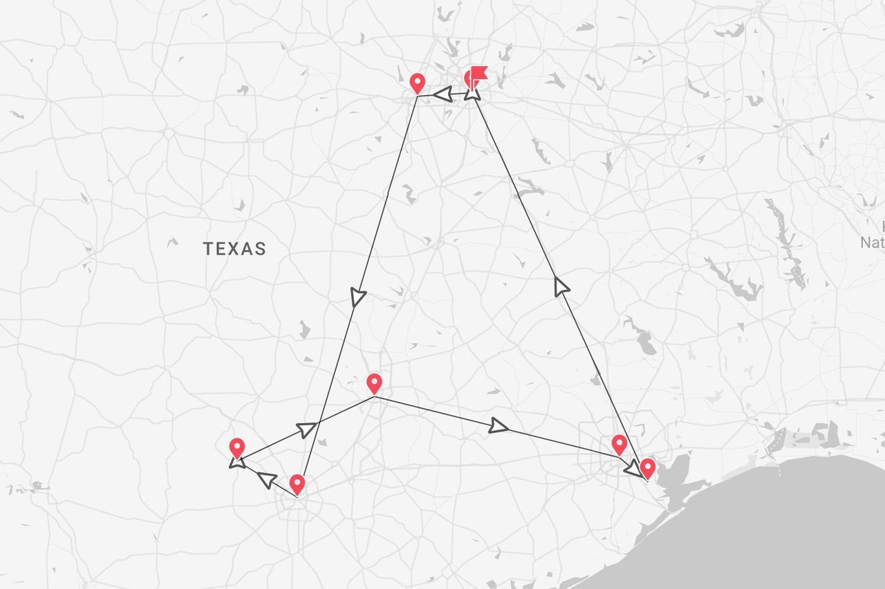 A minimalist map of Texas showing a travel itinerary marked with red pins and directional arrows forming a large triangular route.