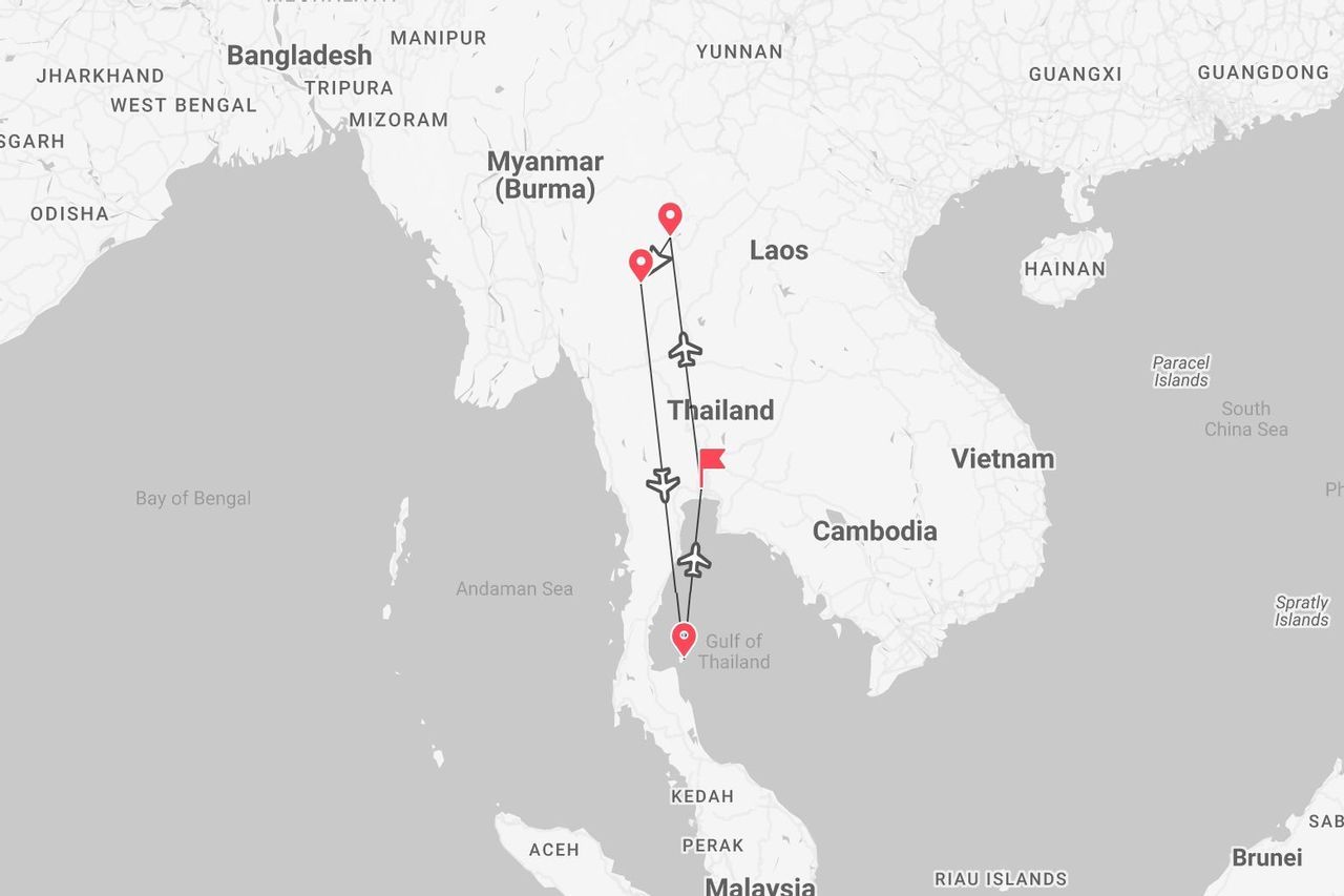 A map of Southeast Asia showing a flight itinerary through Thailand, starting near Myanmar and ending in the Gulf of Thailand.