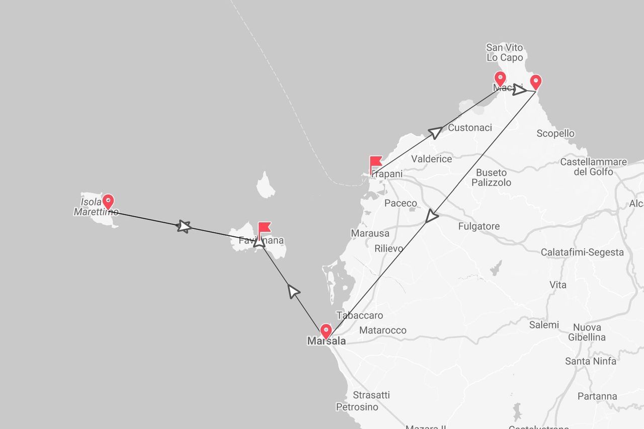A map of a travel itinerary in western Sicily, showing a route connecting Trapani, San Vito Lo Capo, Marsala, Favignana, and Isola Marettimo.