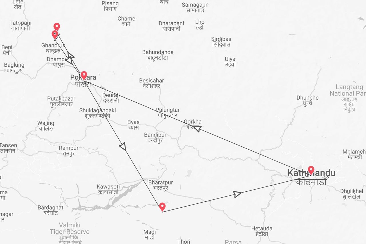 A map of Nepal showing a travel route connecting Kathmandu, Pokhara, and Ghandruk with red location pins.