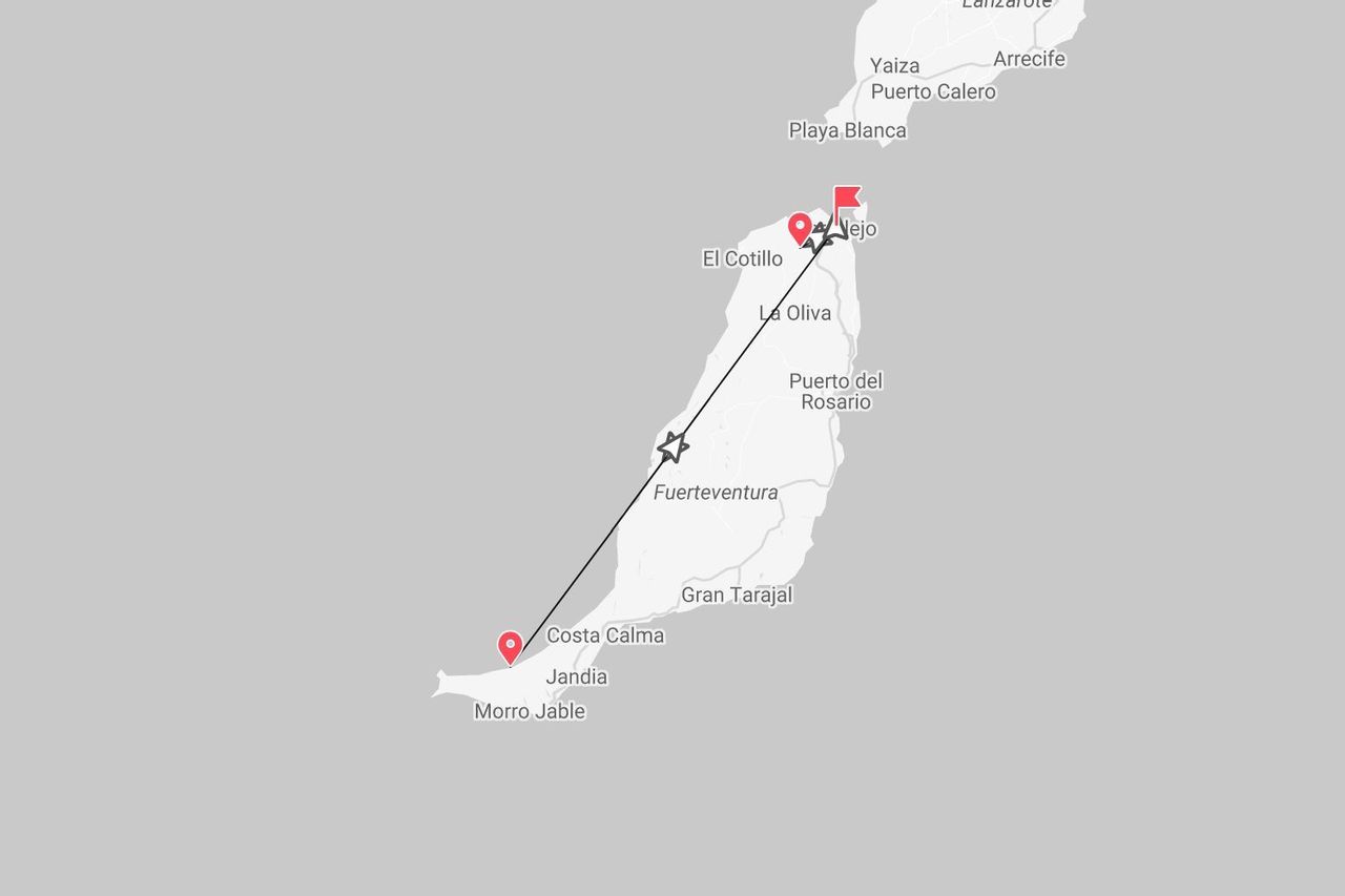 A map showing a travel itinerary across the island of Fuerteventura, from Costa Calma in the south to Corralejo in the north.