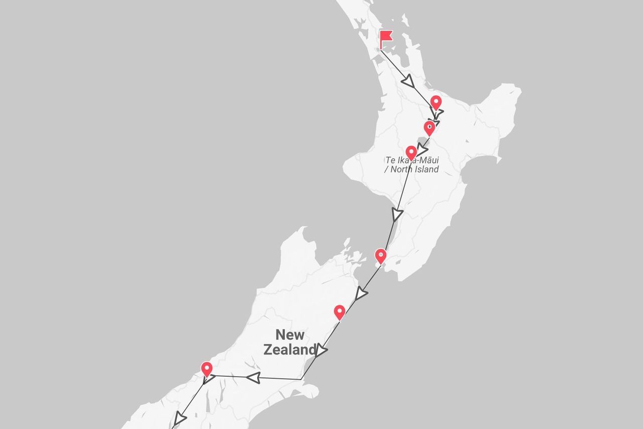 A map showing a travel itinerary across New Zealand's North Island, labeled Te Ika-a-Māui, with red location pins marking the route.