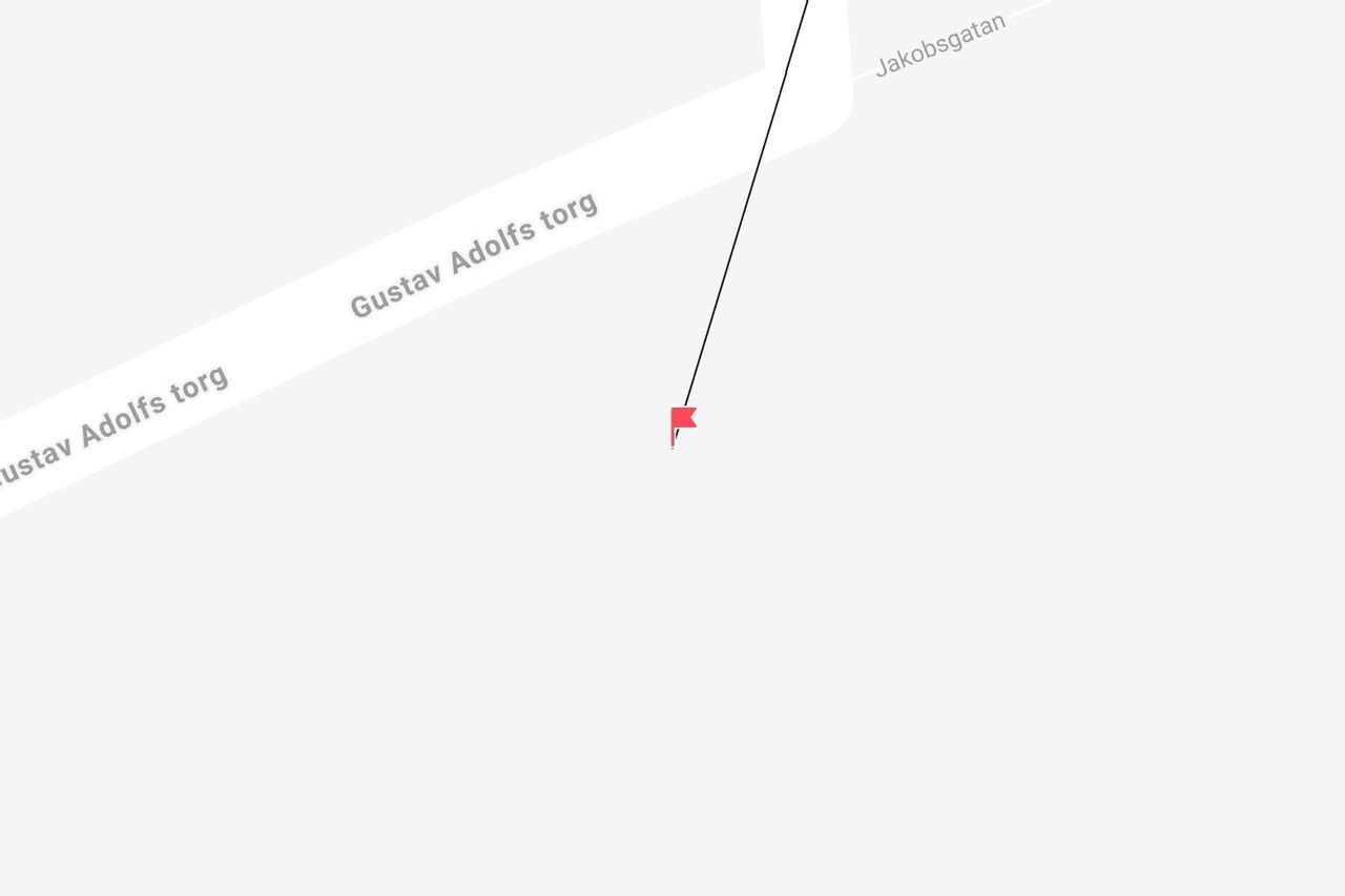 A digital map showing a red pin at the intersection of Gustav Adolfs torg and Jakobsgatan.