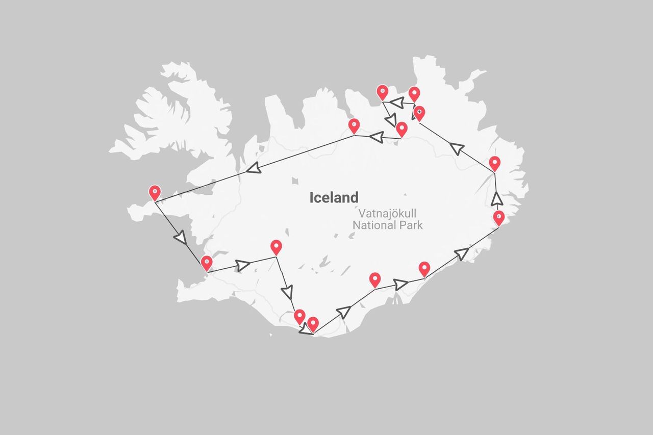 A map of Iceland showing a circular travel itinerary with red pins marking stops, including Vatnajökull National Park.