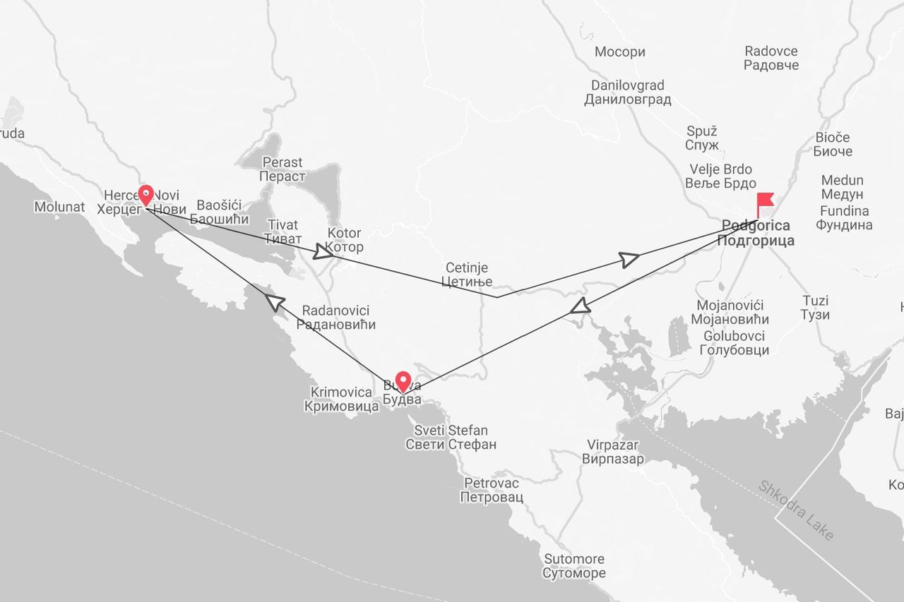Karte einer Reiseroute durch Montenegro, die Herceg Novi, Kotor, Cetinje, Podgorica und Budva verbindet.