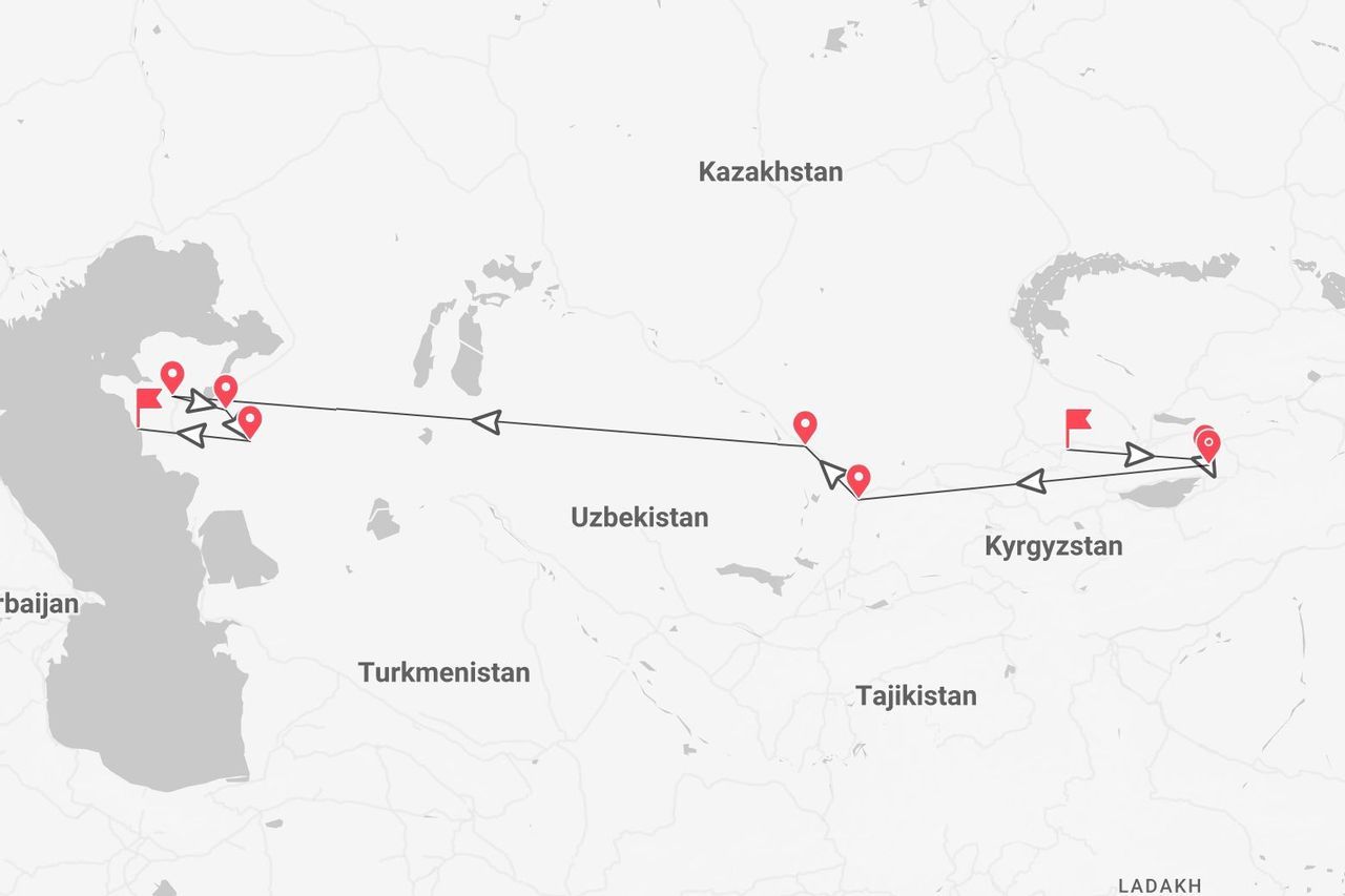 Eine Karte, die eine Reiseroute durch Zentralasien mit eingezeichneten Stopps in Usbekistan und Kirgisistan zeigt.