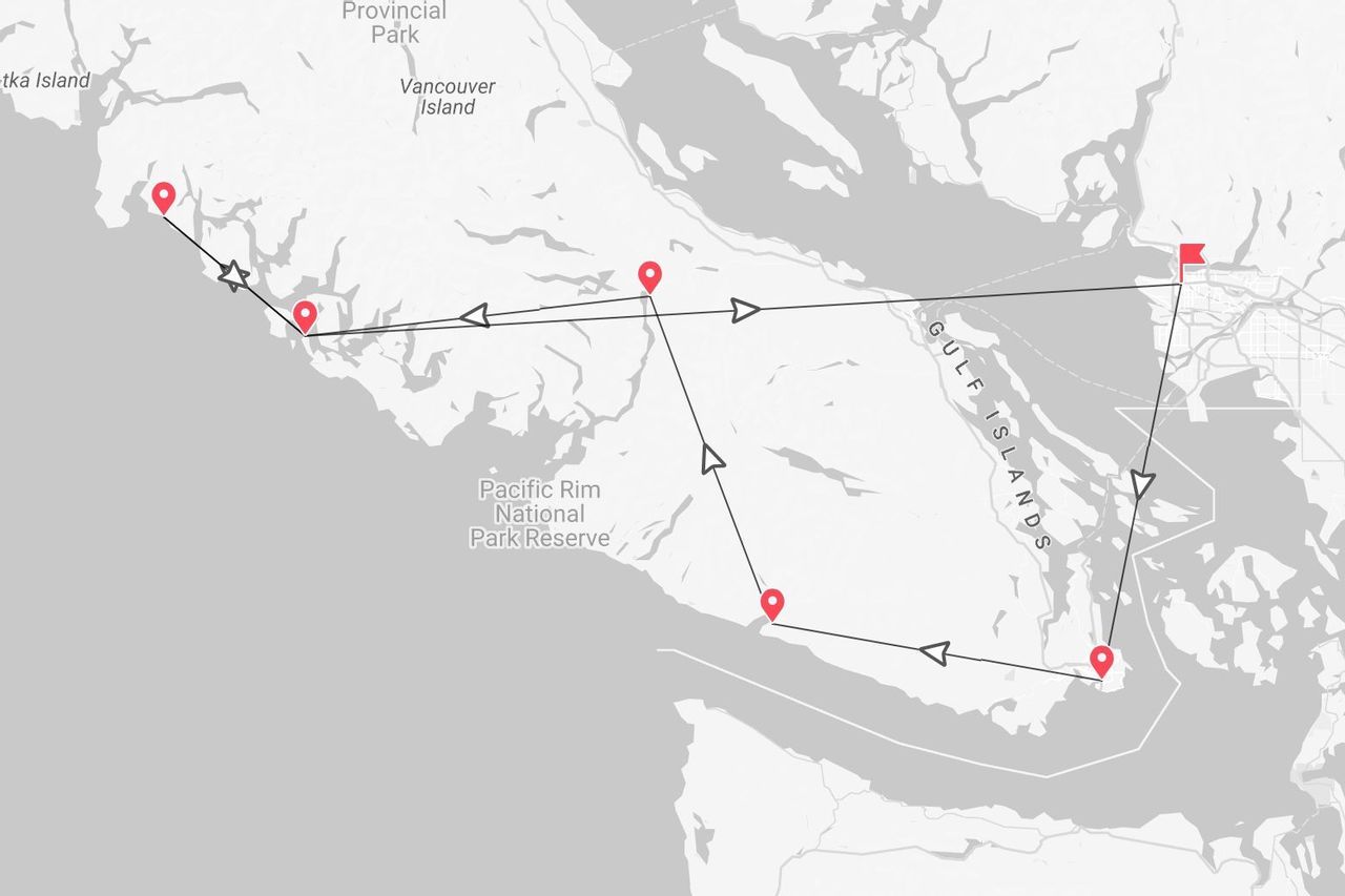 Eine Karte mit einer Reiseroute rund um Vancouver Island, die den Pacific Rim Nationalpark und die Golfinseln hervorhebt.