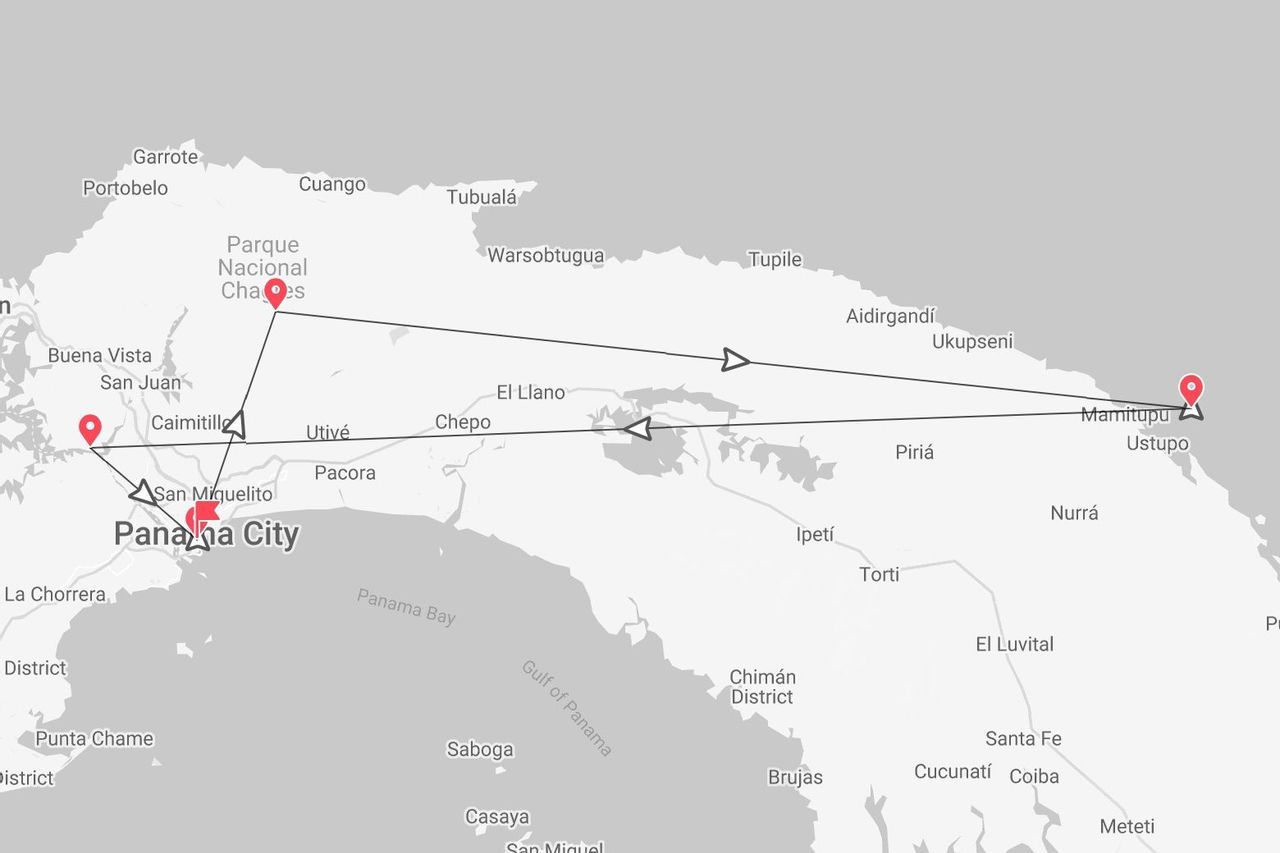 Eine Karte mit einer Reiseroute durch Panama, beginnend nahe Panama-Stadt, führend durch den Nationalpark Chagres und endend in Mamitupu.