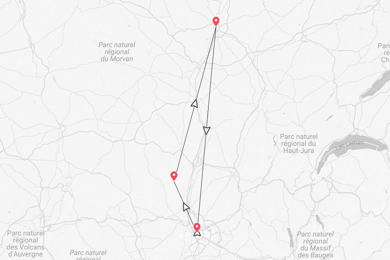 Karte einer französischen Region mit Reiseroute und Wegpunkten nahe Morvan und Haut-Jura.
