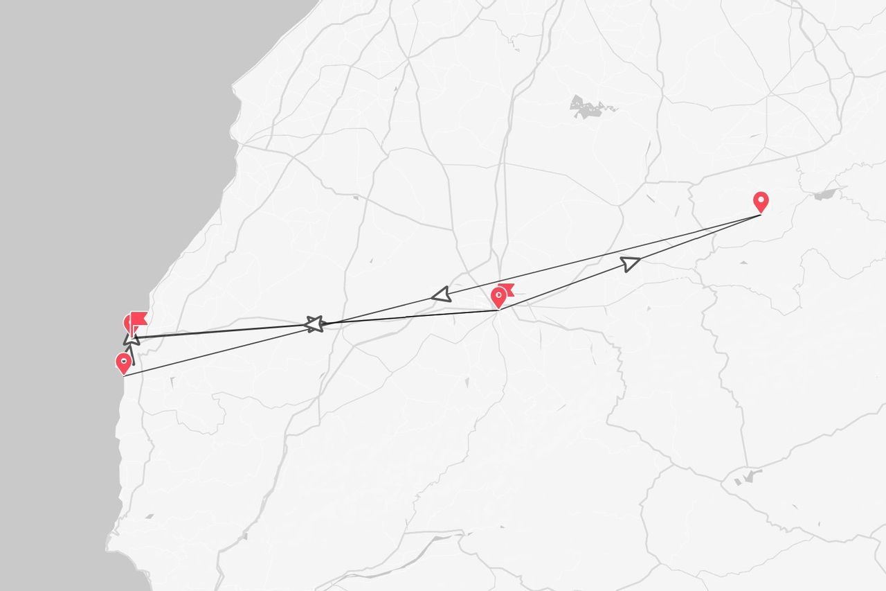 Eine minimalistische Karte, die eine Reiseroute mit mehreren roten Ortsmarkierungen von der Küste bis ins Inland darstellt.