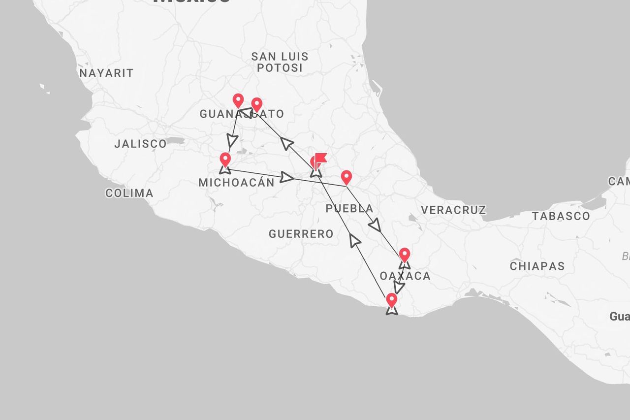 Eine Karte von Mexiko, die eine Reiseroute durch die Bundesstaaten Guanajuato, Michoacán, Puebla und Oaxaca zeigt.