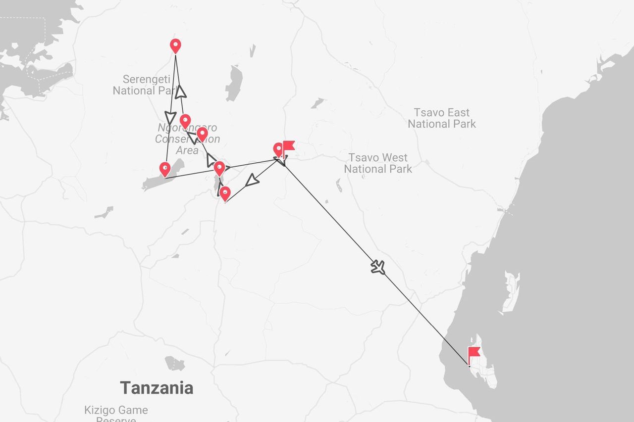 Eine Karte, die einen Reiseverlauf durch den Serengeti-Nationalpark und das Ngorongoro-Schutzgebiet in Tansania zeigt, mit anschließendem Flug.