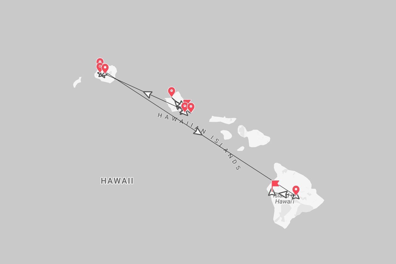 Eine Karte der Hawaii-Inseln mit einer Reiseroute und roten Markierungen für verschiedene Stationen.