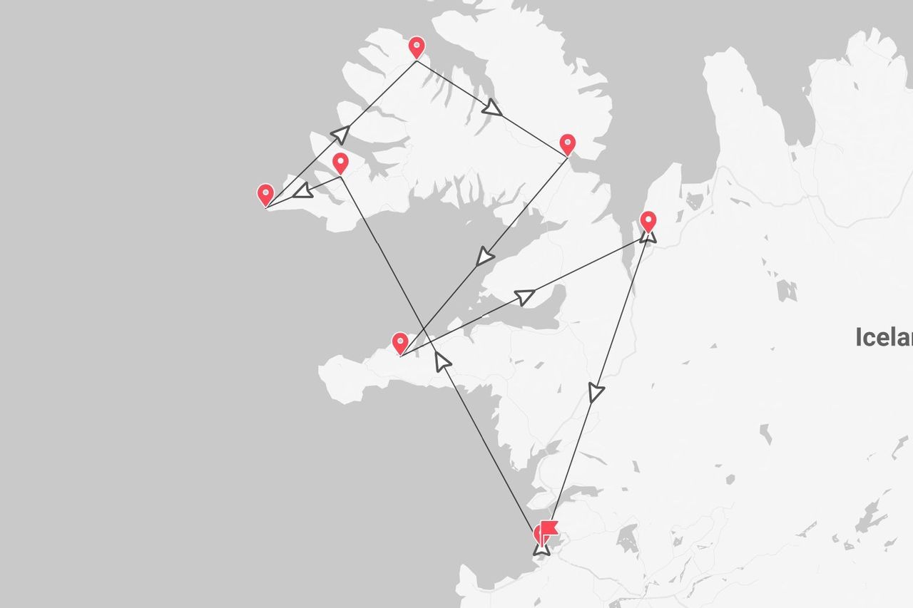 Eine stilisierte Karte von Island, die eine Reiseroute mit roten Stecknadeln und Richtungspfeilen zeigt.