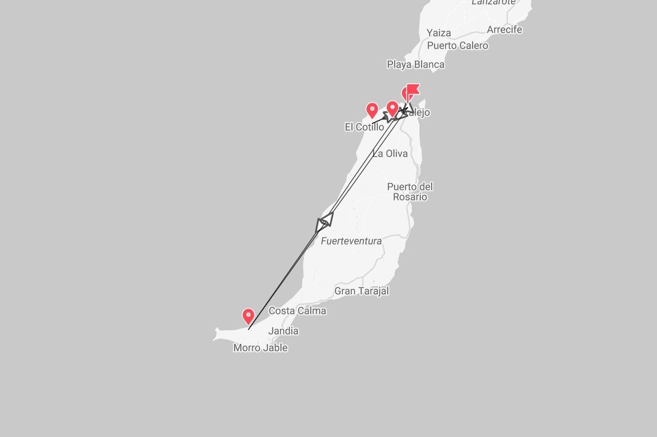Reiseroute auf Fuerteventura: Von Costa Calma nach Corralejo und weiter nach Playa Blanca auf Lanzarote.