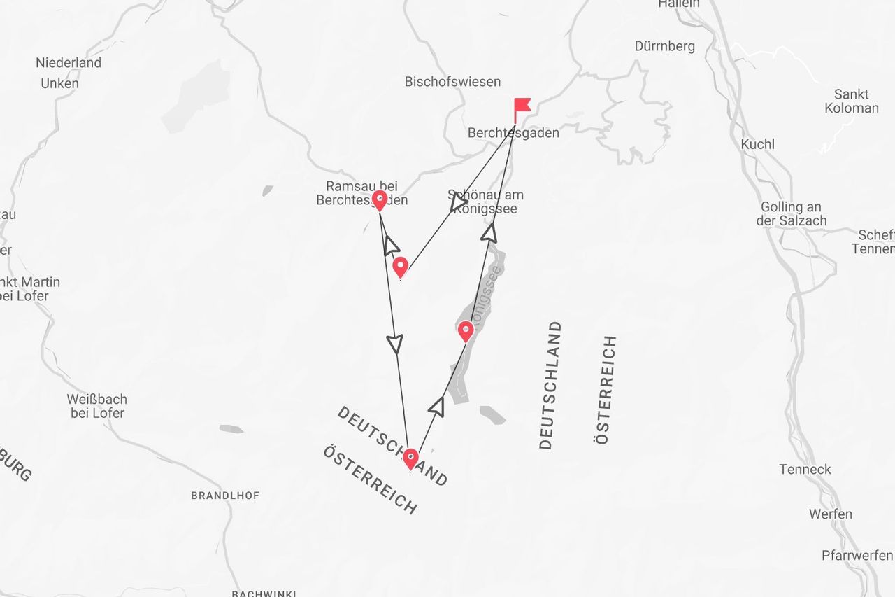 Eine Karte mit einer Reiseroute um Berchtesgaden und den Königssee, an der Grenze zwischen Deutschland und Österreich.