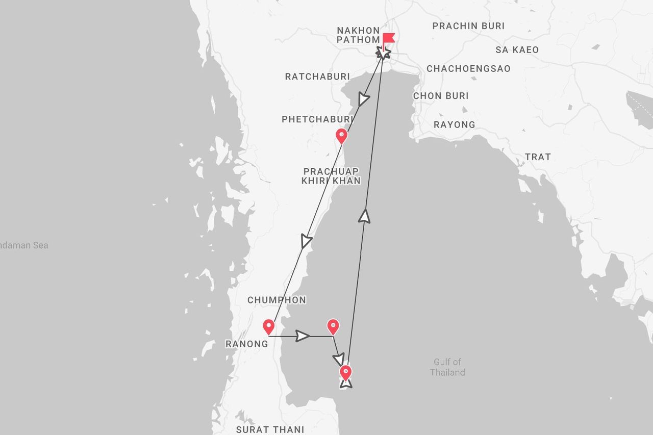 Une carte présentant un itinéraire de voyage à travers le sud de la Thaïlande, commençant près de Nakhon Pathom et passant par Phetchaburi, Chumphon et Ranong.