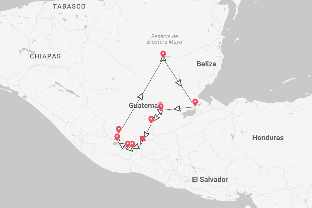Une carte affichant un itinéraire de voyage à travers le Guatemala et le Belize, avec des arrêts marqués par des épingles rouges.