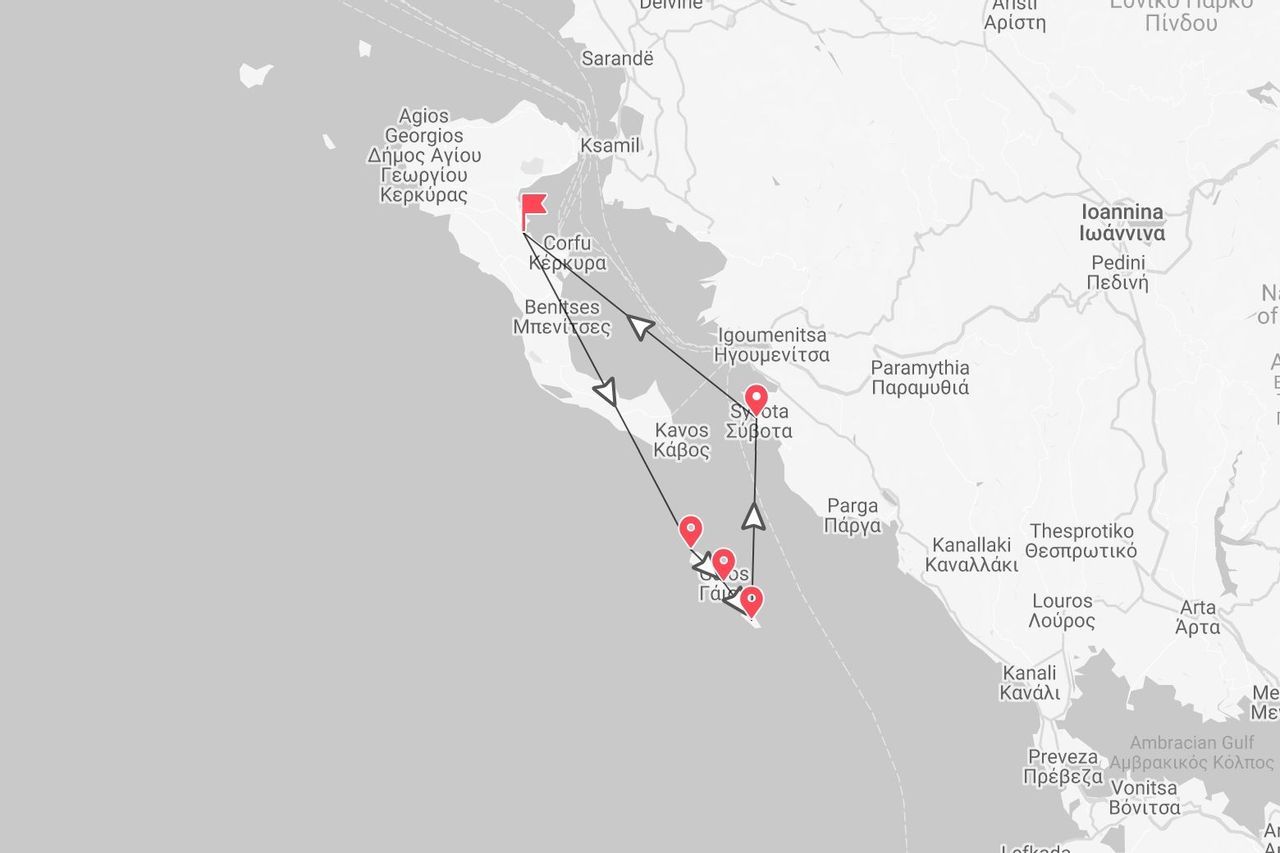 Carte d'un itinéraire de navigation en Grèce, de Corfou à Syvota, Paxos et retour.