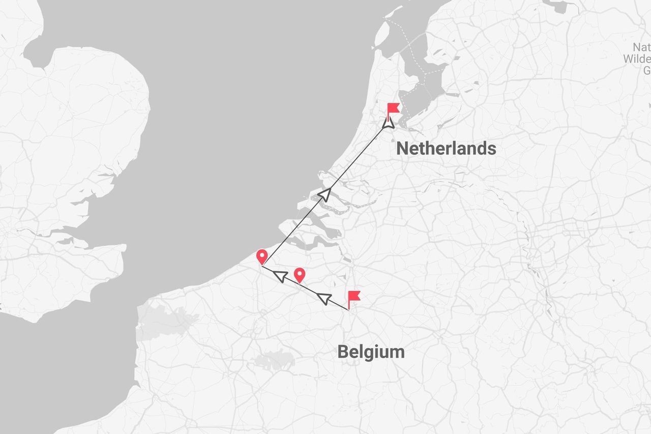 Une carte d'un itinéraire de voyage avec plusieurs étapes, de la Belgique aux Pays-Bas.
